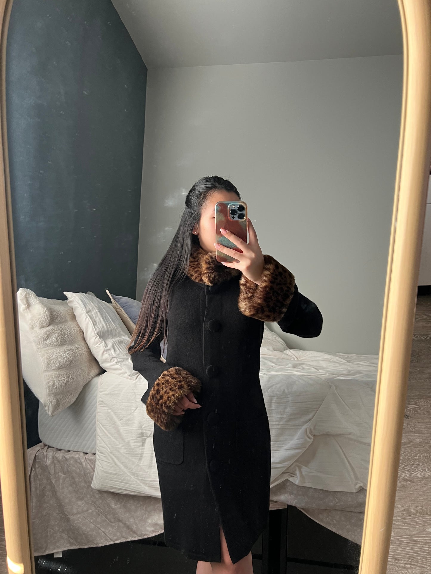 Black Longline Fur-Trim Cardigan — International Concepts