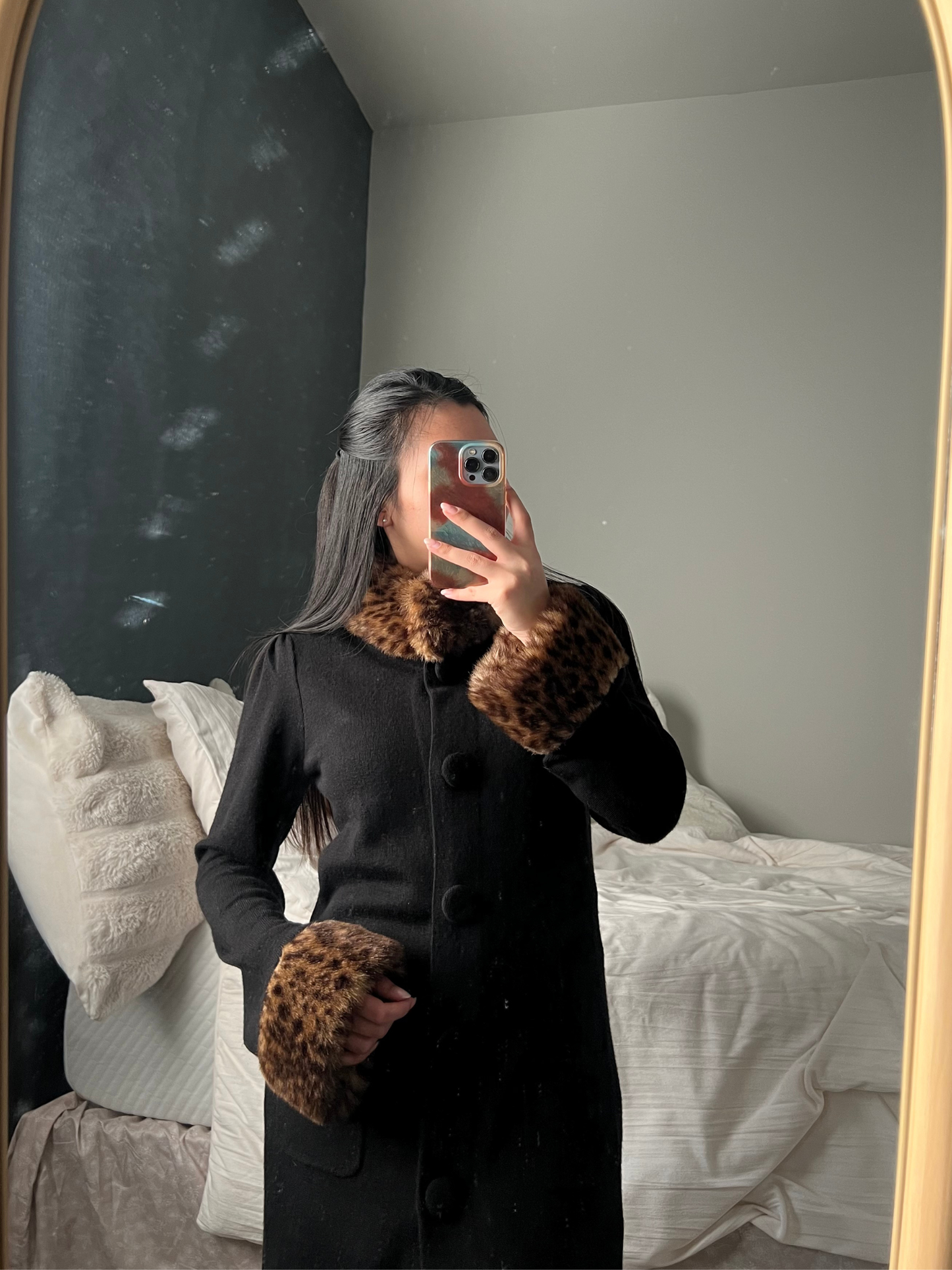 Black Longline Fur-Trim Cardigan — International Concepts